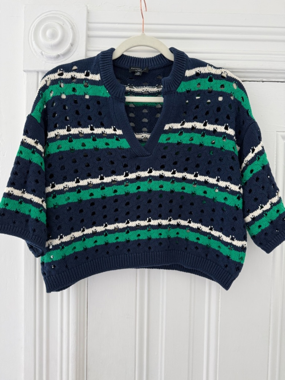 Current Air Navy Knit Top with Green & White Stripes